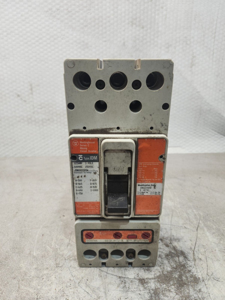 USED WESTINGHOUSE 3 POLE 225AMP MINING CIRCUIT BREAKER JDM3225D5W