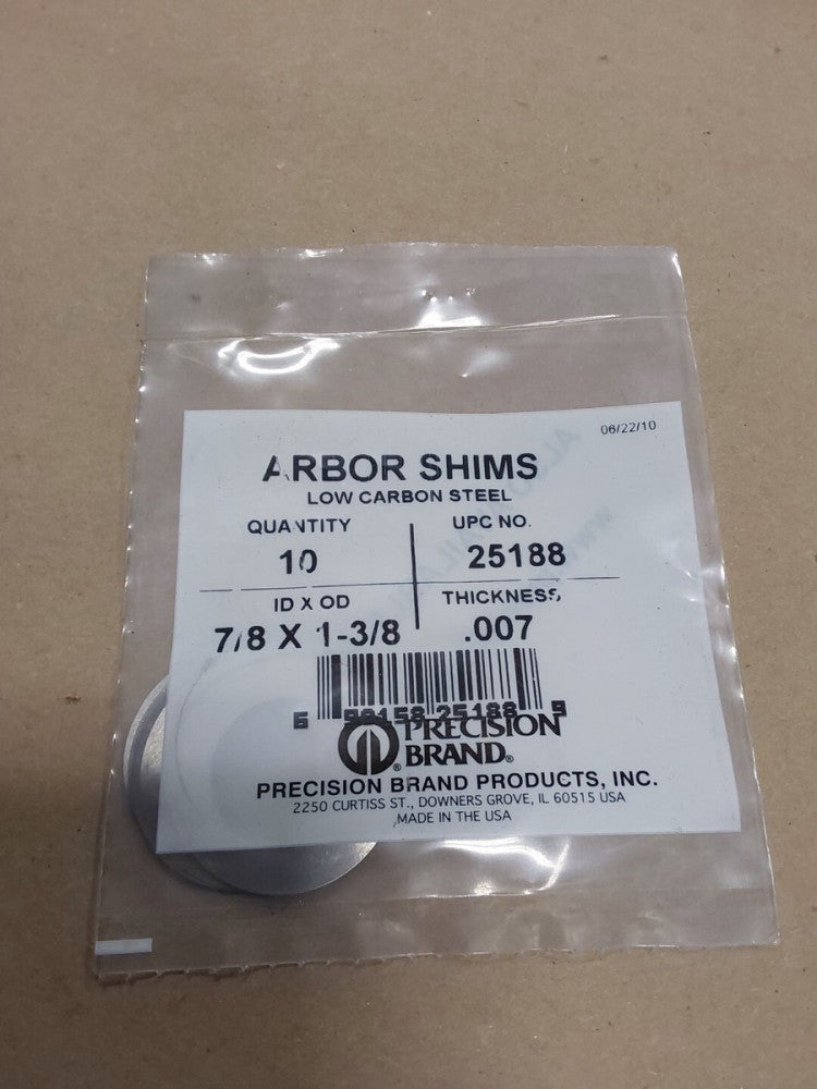 Precision Brand Arbor Shims 25188 7/8x1-3/8x.007 Low Carbon Steel, Pack Of 10