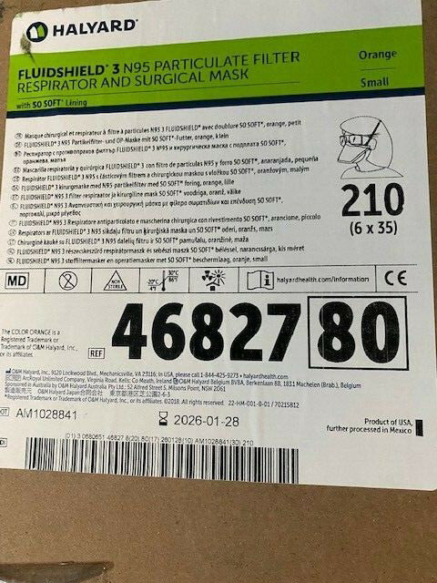 (Case of 210) HALYARD N95 Face Mask FLUIDSHIELD 46827 PFR95 Respirator, Small