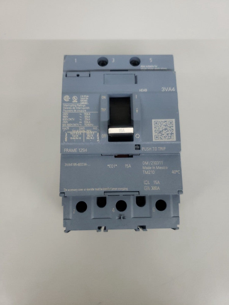 New Take Out! Siemens 3VA4195-6ED34-0AA0 3 Pole 15 Amp Circuit Breaker *H Frame