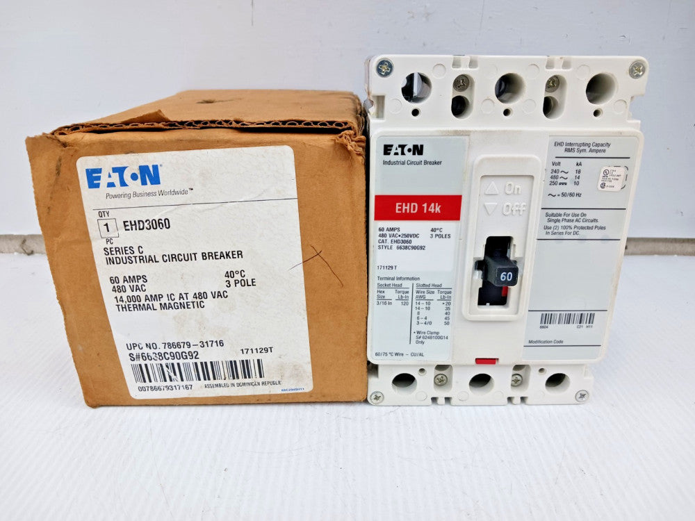 New Eaton 60 Amp Circuit Breaker 3 Pole 480 VAC / 250 VDC 14kA EHD3060
