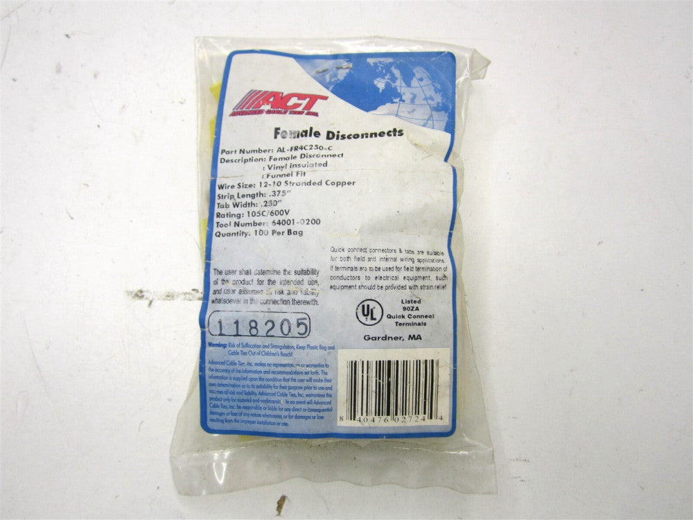 ACT (AL-FR4C250-C) 12-10 AWG Yellow Nylon Female Disconnect - Pack of 100 