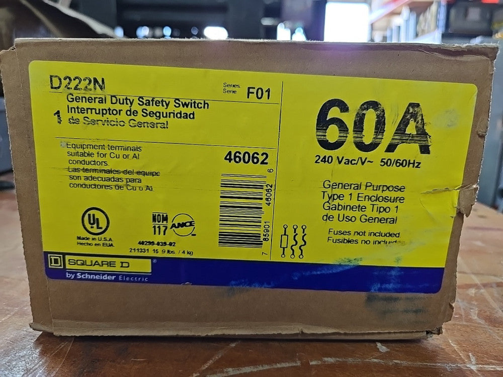 Square D D222N Heavy Duty Fusible Safety Switch 60 Amps 240V 2 Pole
