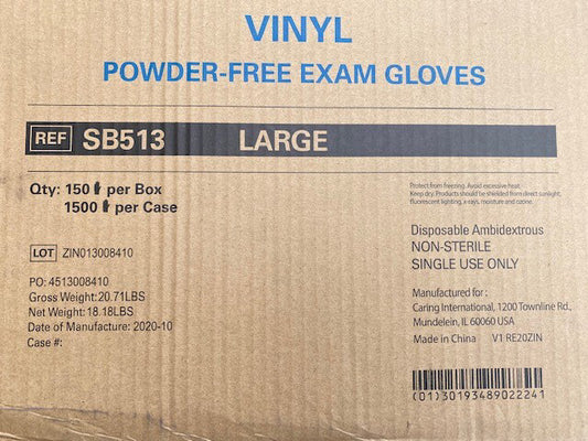 (Case of 1,500) Vinyl Exam Gloves, Powder-Free, Clear, Large, SB513