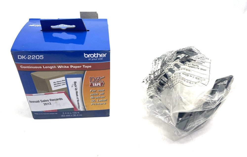 Brother DK2205 2.4in x 100ft Black on White Continuous Length Paper Tape