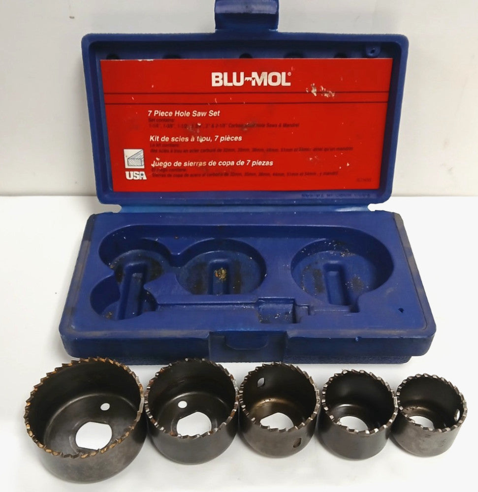 BLU-MOL 7 PIECE CARBON HOLE SAW SET 1 EACH 1-3/4, 1-1/2, 2-1/8, 1-3/8, 1-1/4