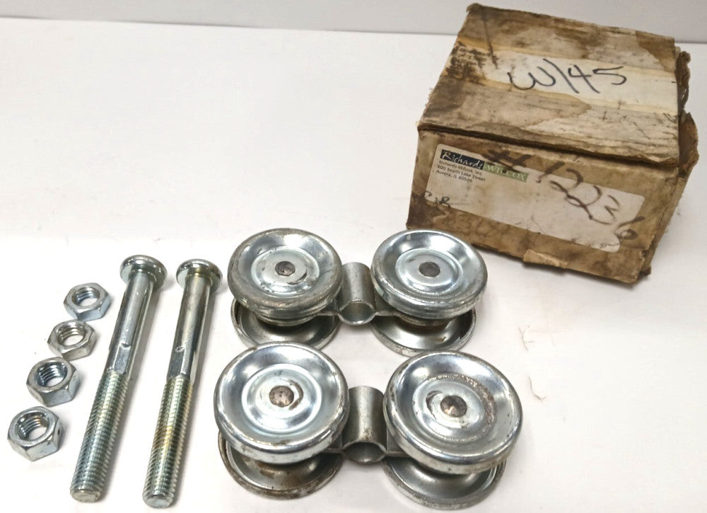RICHARD WILCOX BOX RAIL TROLLEY PAIR LOT OF 2 DESIGNED FOR DOORS UP TO 450 LBS