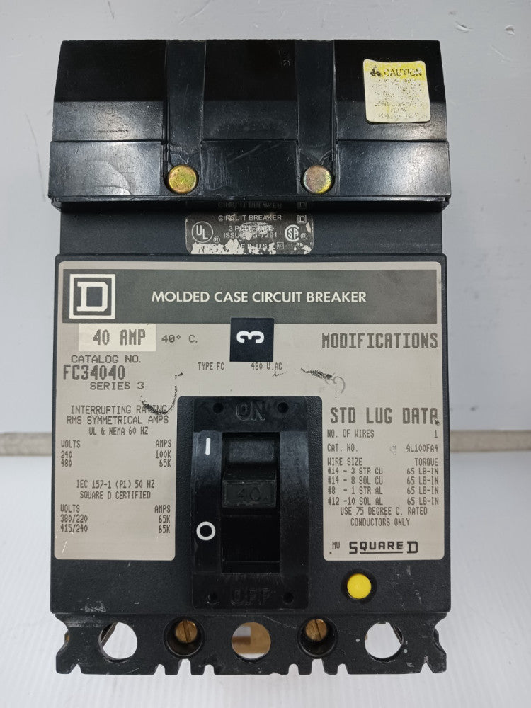 Square D 40 Amp Molded Case Circuit Breaker 3 Pole 480 VAC 65kA FC34040