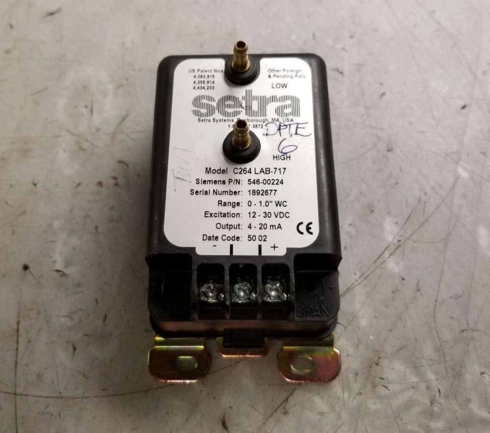 SETRA C264LAB-717 PRESSURE TRANSDUCER RANGE 0-1.0 WC" 12-30 VDC 4-20 mA