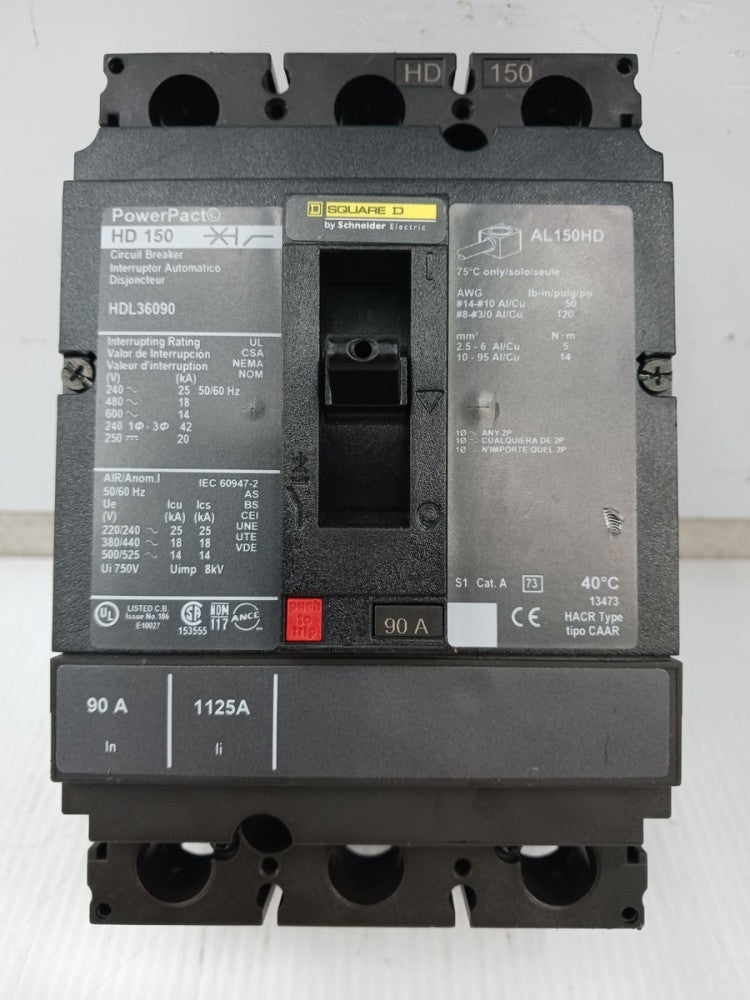 Square D PowerPact 90 Amp Circuit Breaker 3 Pole 600 VAC / 250 VDC 18kA HDL36090