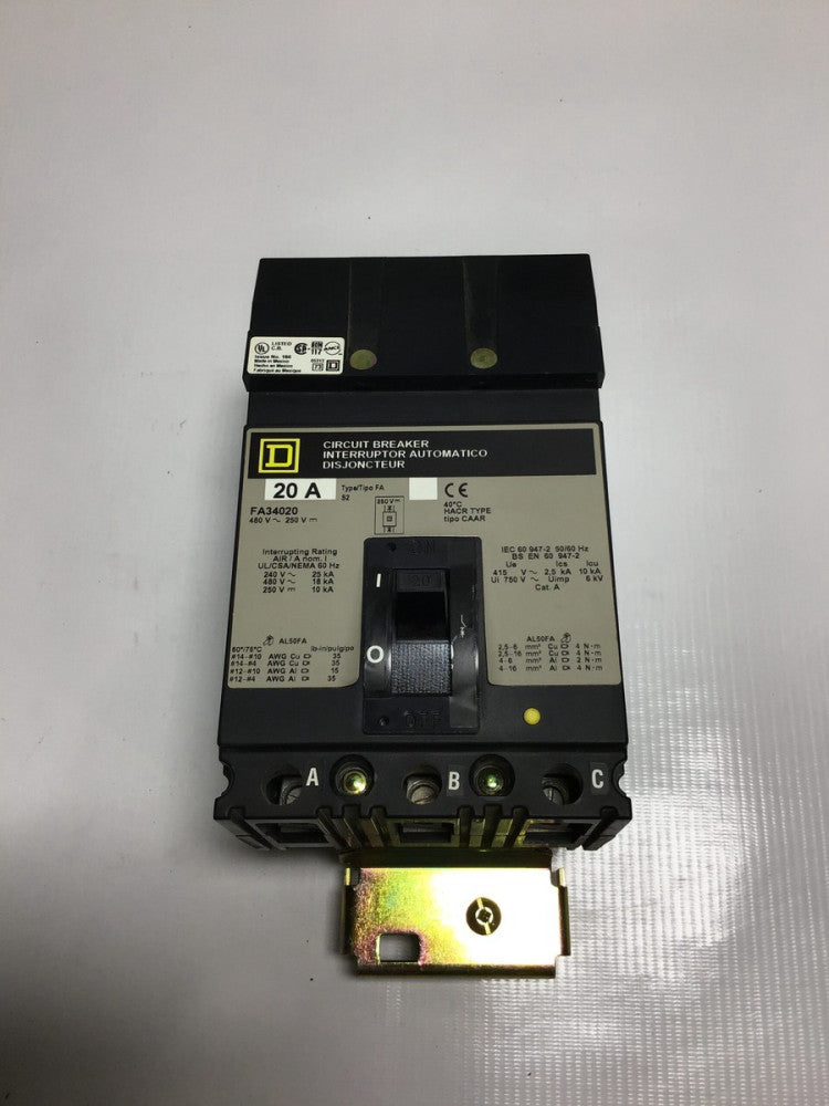 Square D FA34020 Circuit Breaker 3 Pole Type FA S2 250/480V 20A 50/60Hz
