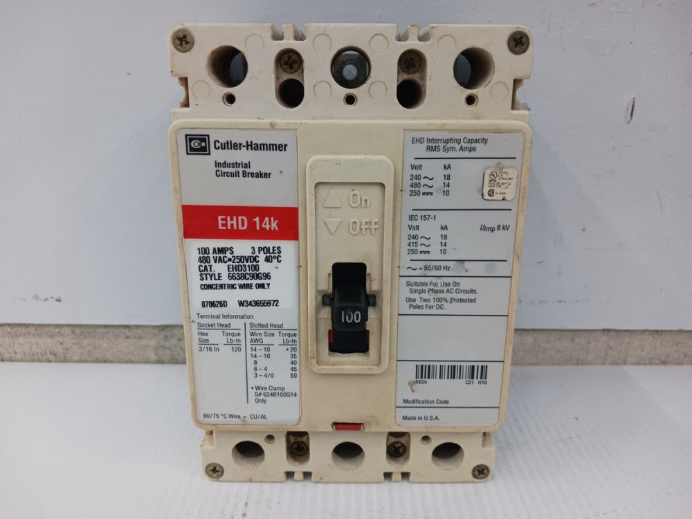 Cutler Hammer 100 Amp Circuit Breaker 3 Pole 480 VAC / 250 VDC 14kA EHD3100