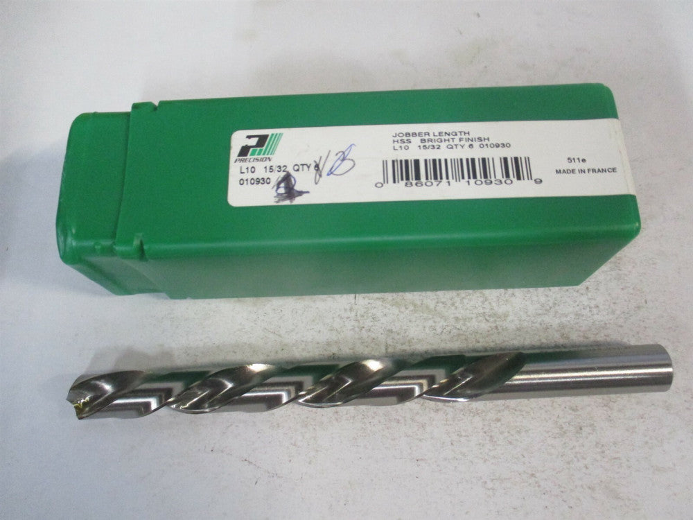 Precision (010930) 15/32" x 5-3/4" OAL 118° LH High Speed Steel Jobber Drill 