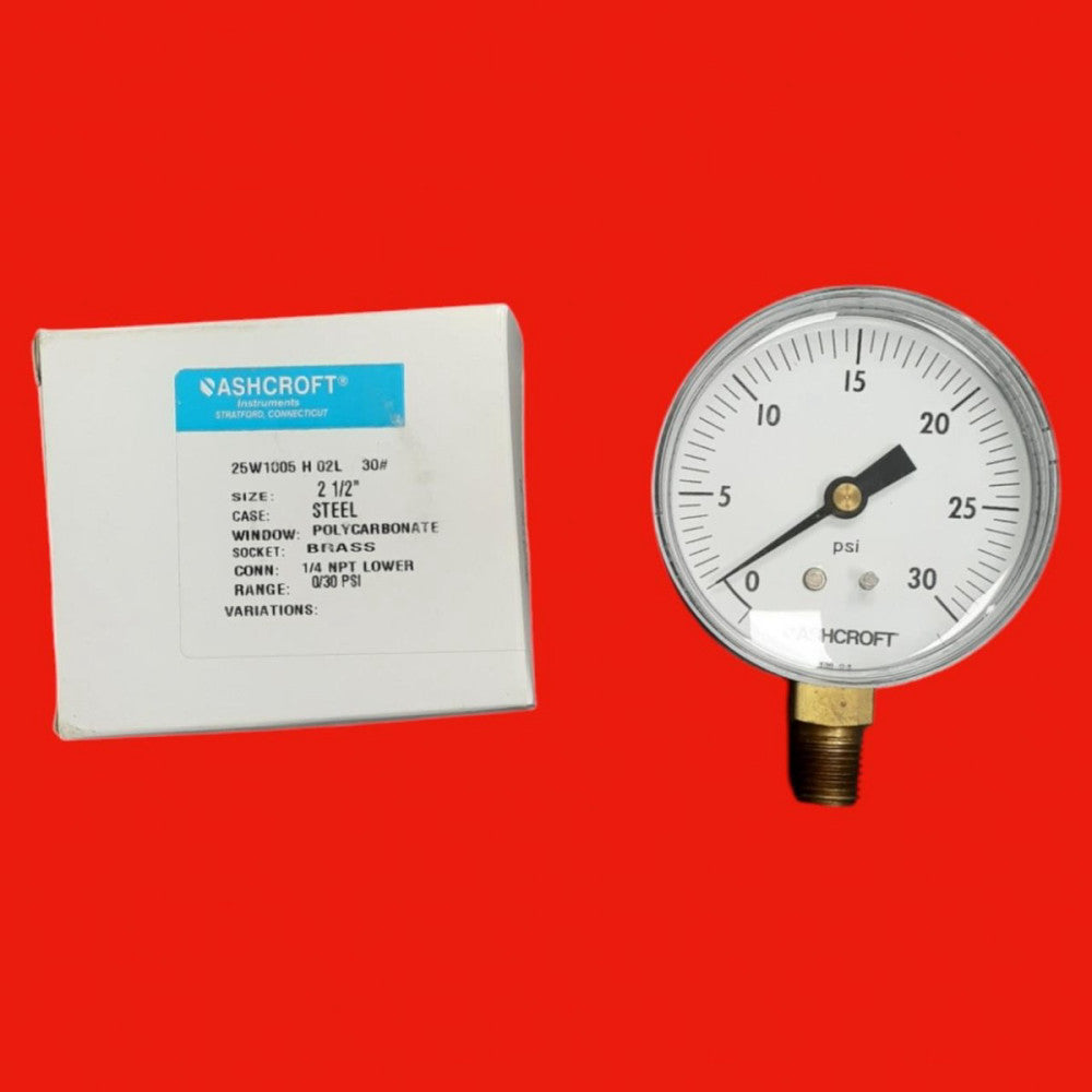 Ashcroft 25W1005H02L 2.5" 1005 Series 0-30" Vacuum Gauge w/ PowerFlex (1/4" Bott