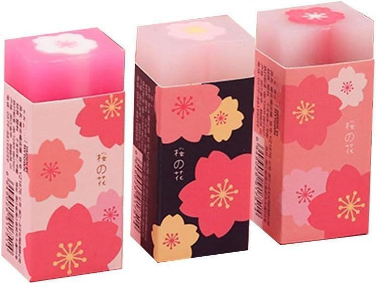 3Pcs Pink Lovely Cherry Blossoms Rubber Erasers Sakura Petal Sketch Painting Pen