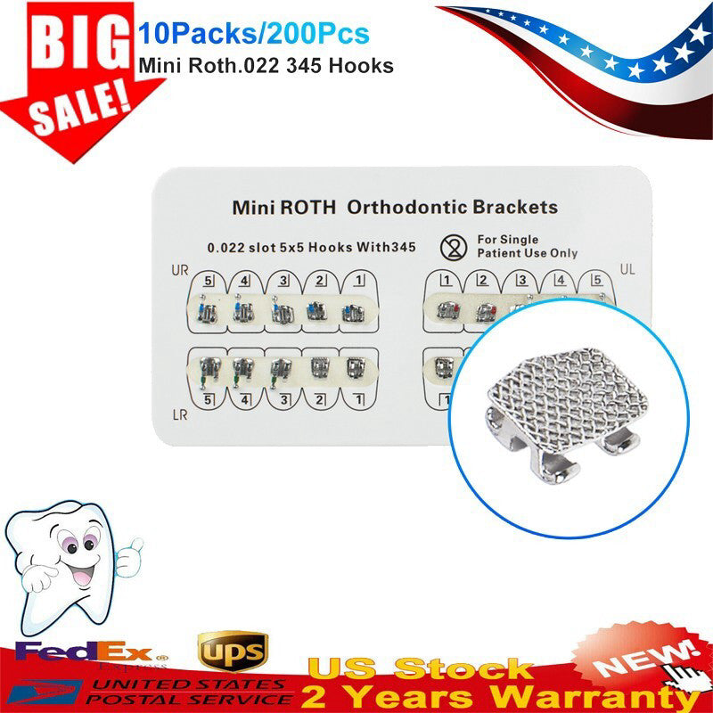 200Pcs/10Packs Dental Orthodontic Metal Brackets Braces Mini Roth.022 345-Hooks