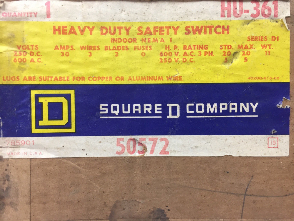 SQUARE D HU-361 HEAVY DUTY SAFETY SWITCH 30 AMPS 600 V.A.C 250 V.D.C 