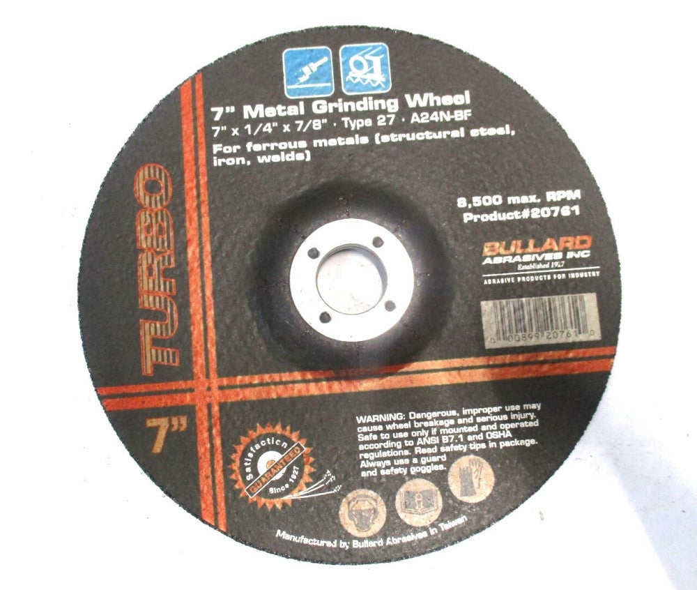 Bullard (20761) 7" x 1/4" x 7/8" T27 Aluminum Oxide Metal Grinding Wheel - 5 QTY