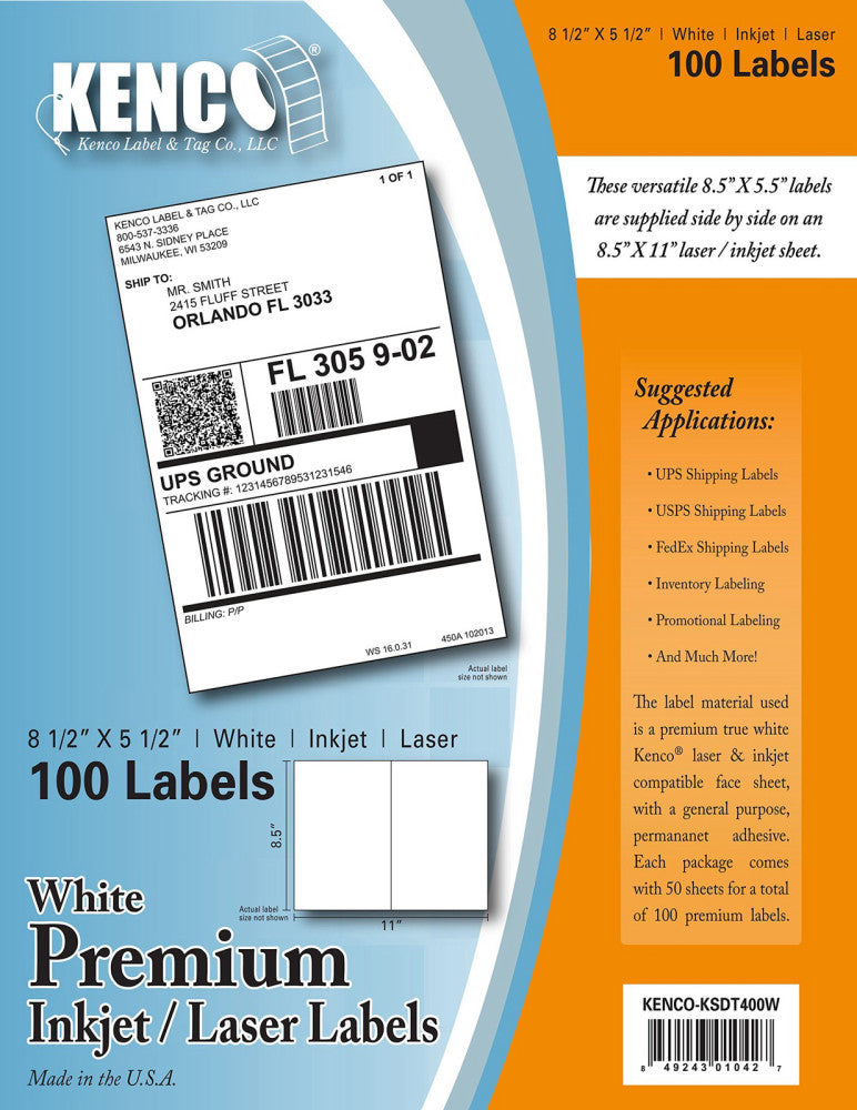 Premium White Address UPC Laser/Inkjet Labels Made in The USA (8.5" X 5.5" 10...