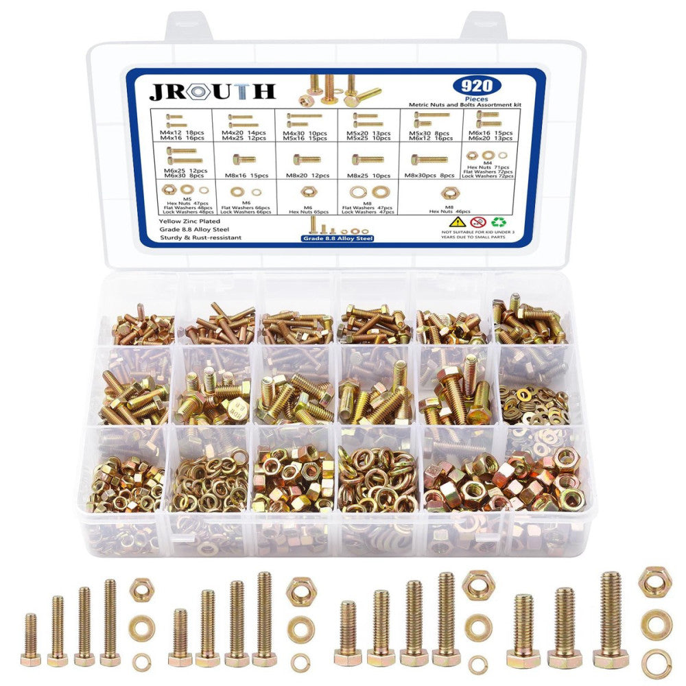 920PCS Grade8.8 Metric Bolt and Nut Assortment, M4/M5/M6/M8 Heavy Duty Hex He...