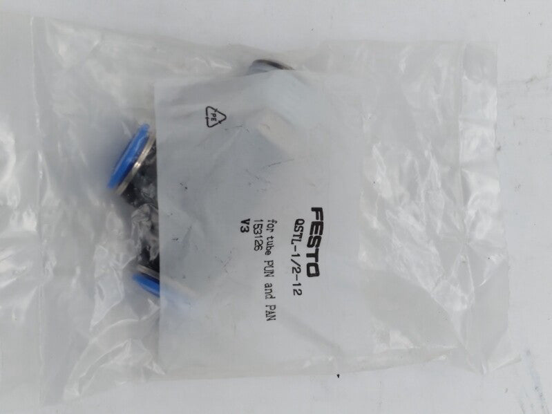 NEW Festo QSTL-1/2-12 Push-In T Fitting 1/2 NPT Male to Two 12mm O.D. Tube 