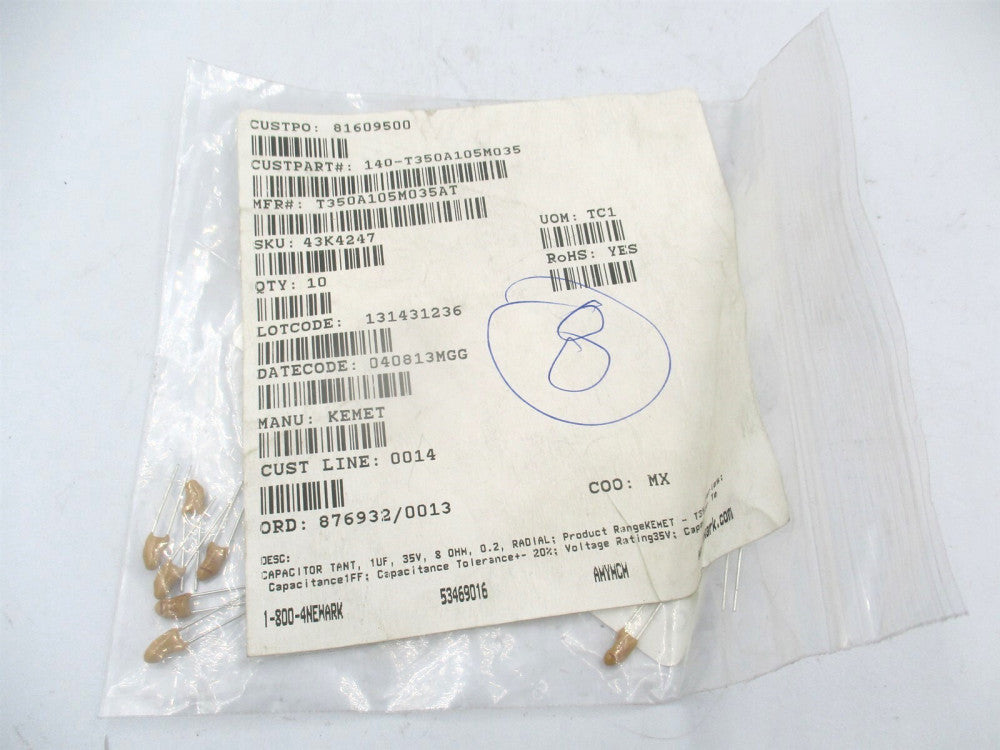 Kemet (T350A105M035AT) 35volts 1uF 20% Solid Leaded Tantalum Capacitors - Qty 8
