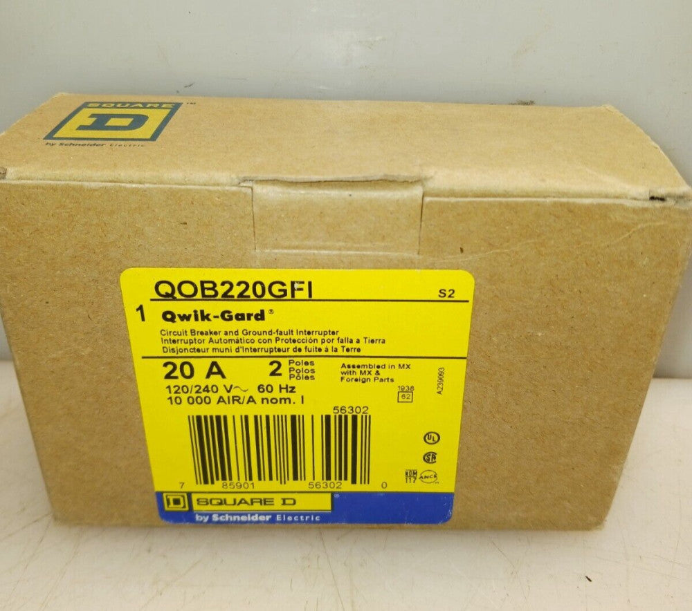 NEW SQUARE D 20 AMP GFI CIRCUIT BREAKER 2P 120/240 VAC QOB220GFI