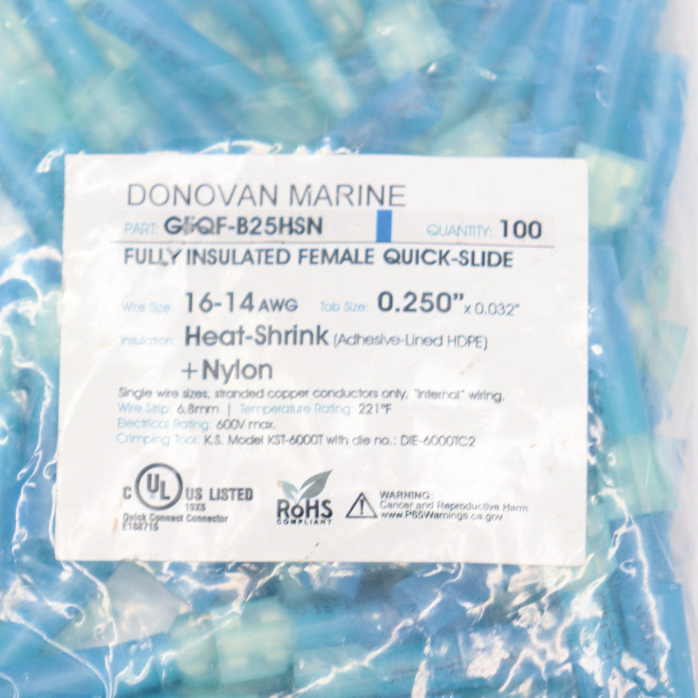 (100-Pk) Female Disconnect Fully Nylon Insulated 16-14 Wire Size 0.250" x 0.032