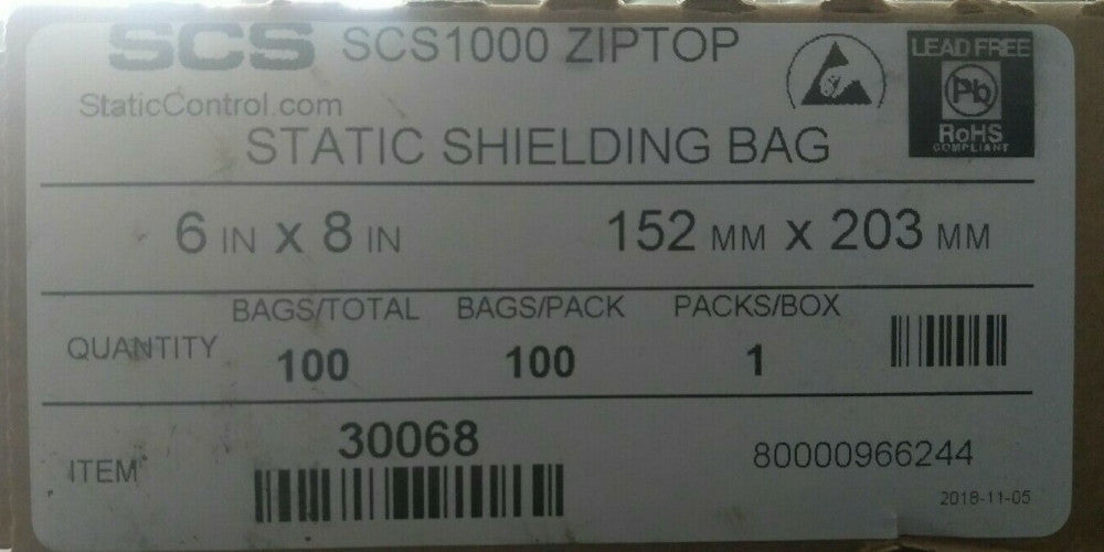 SCS1000 6" x 8" Static Shielding Bag ZIP Lot of 100 Bags Lead Free SCS