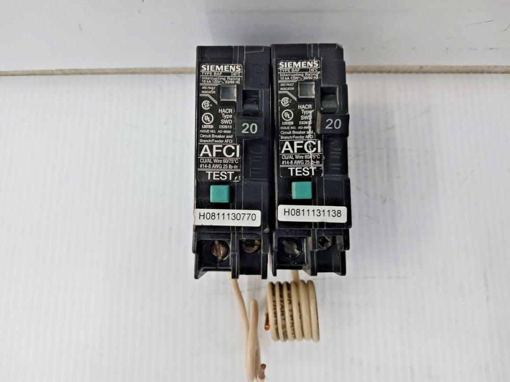 Lot of Two) Siemens 20 Amp Bolt-On AFCI Circuit Breaker 1 Pole 120V 10kA B120AF