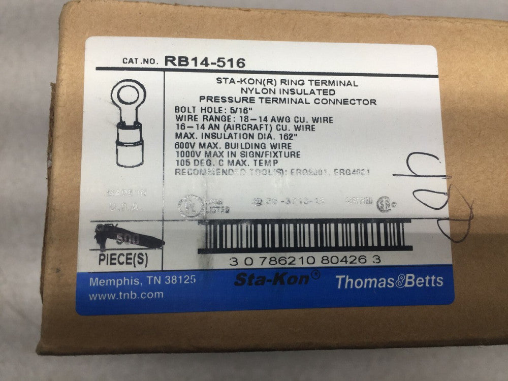 NEW IN BOX OF 400 THOMAS BETTS STA-KON 5/16 RING TERMINAL 18-14 AWG RB14-516