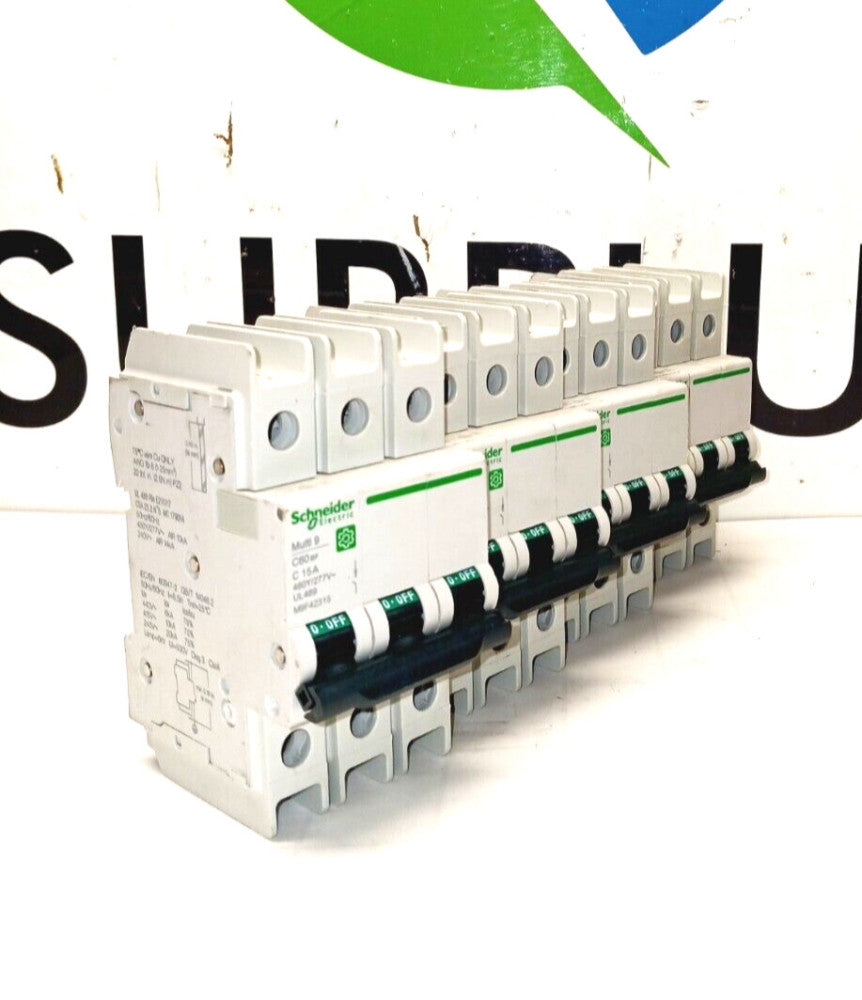 4) SCHNEIDER 15 AMP CIRCUIT BREAKERS 3 POLE 480Y/277 VAC  M9F42315  LOT OF 4