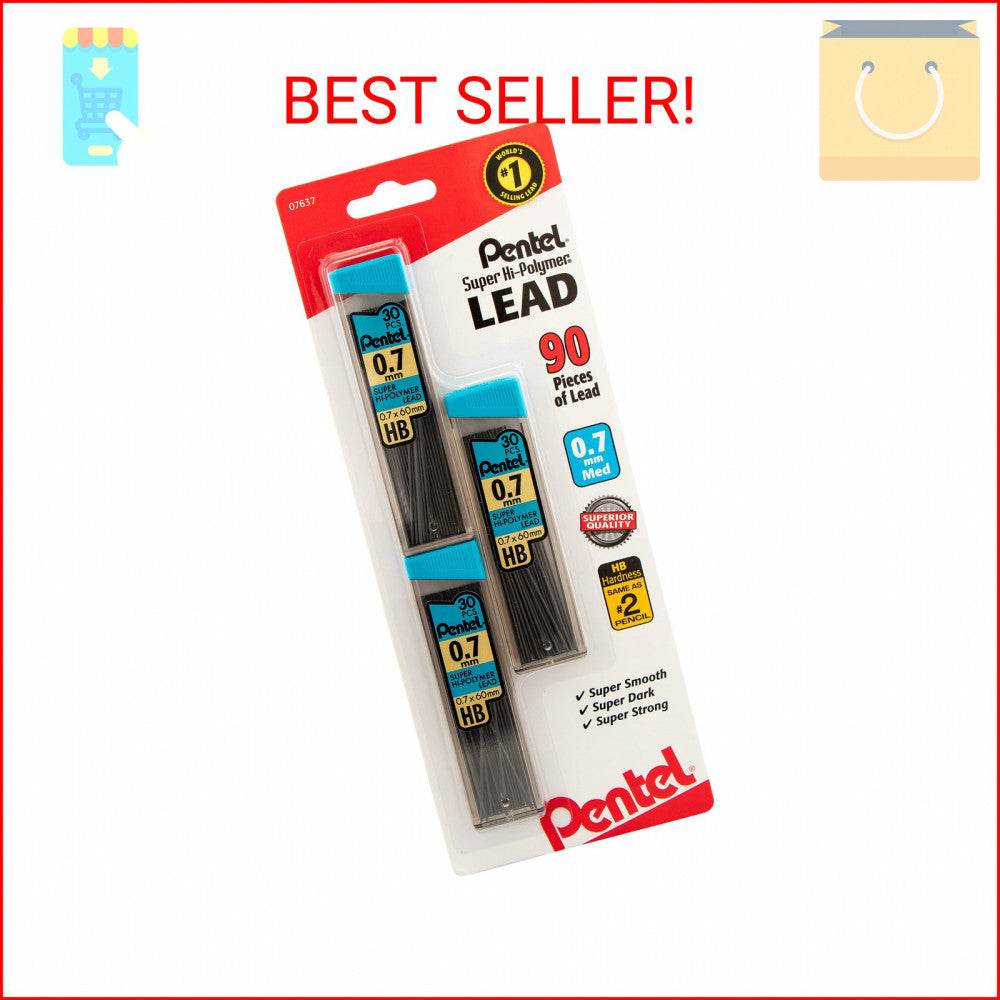 Pentel C27BPHB3K6 Super Hi-Polymer Lead Refills, 0.7mm, HB, Black, 30/Tube, 3 Tu