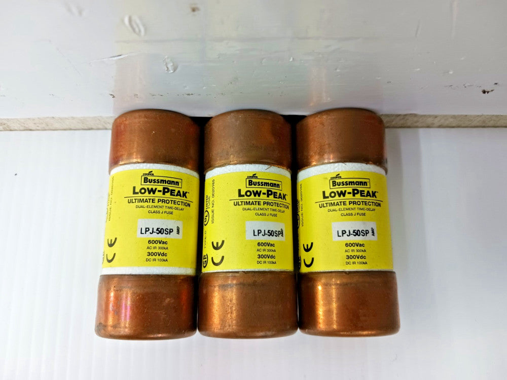 LOT OF 3) BUSSMANN LOW-PEAK 50 AMP FUAL-ELEMENT TIME-DELAY FUSE LPJ-50SP