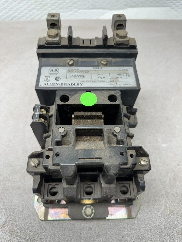 USED ALLEN-BRADLEY SIZE 3 CONTACTOR 500-DOD920 SERIES A **NO COIL**