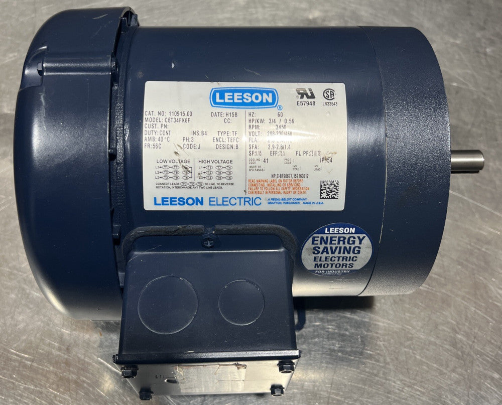 LEESON 3/4HP C56C TEFC AC MOTOR 110915.00 460VOLT 3PH 3450RPM Nos Surplus