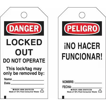 Brady 133495 Lockout Tag, Danger/Peligro, Paper, 3 In Width, 5 3/4 In Height,