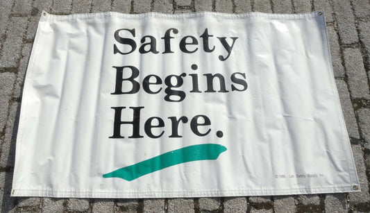 "SAFETY BEGINS HERE" Vintage vinyl 80's BANNER sign with metal grommets 3' x 5'