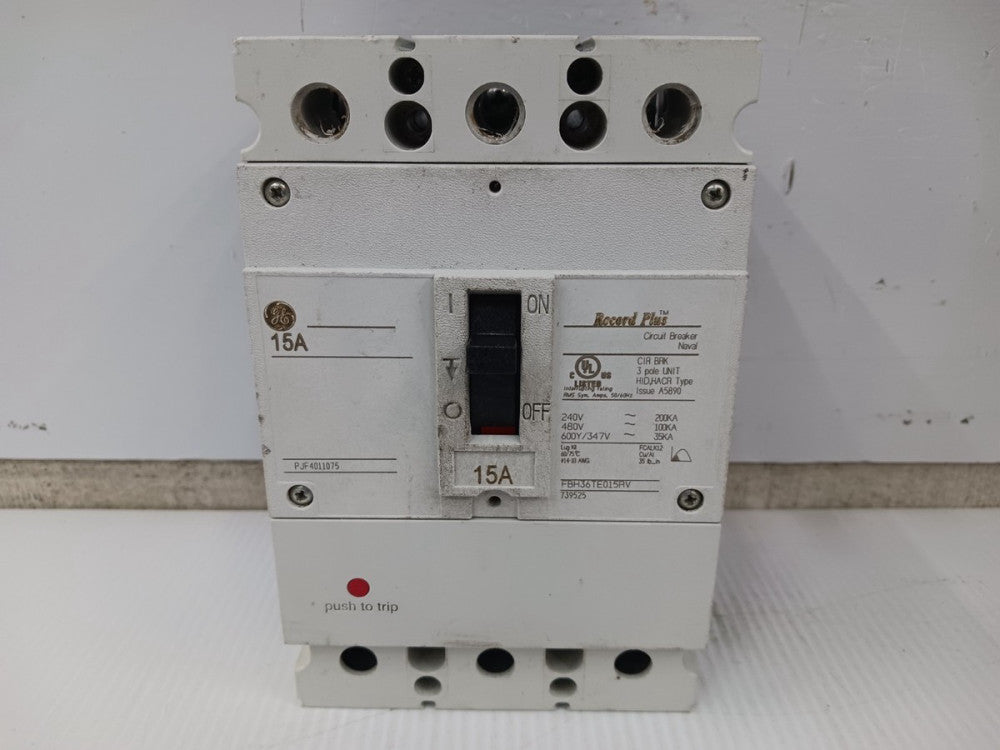 GE Record Plus 15 Amp Circuit Breaker 3 Pole 600Y/347 VAC FBH36TE015RV