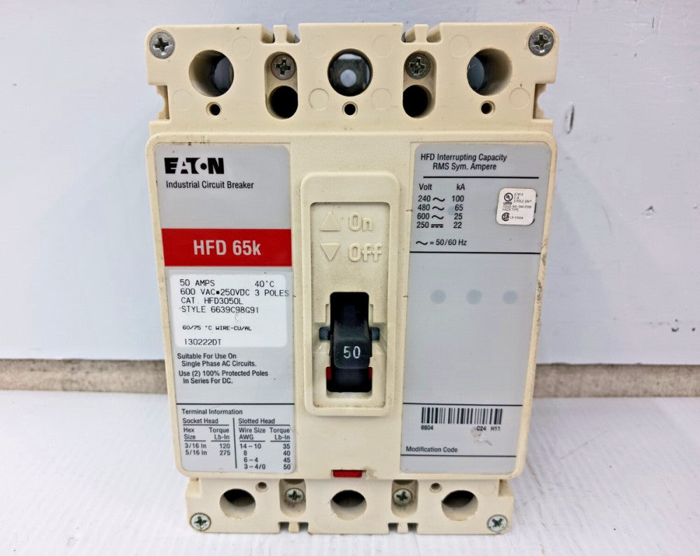 EATON 50 AMP CIRCUIT BREAKER 3 POLE 600 VAC / 250 VDC 65kA HFD3050L