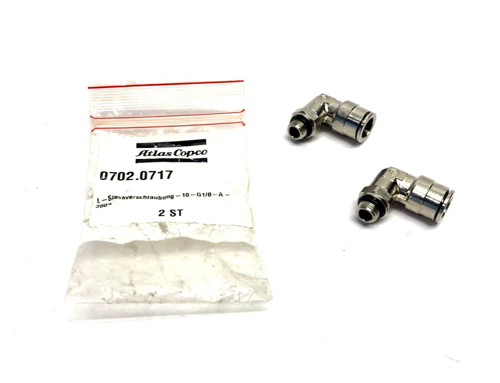 Atlas Copco 0702.0717 Elbow L Push Connect Fitting, 10mm Tube x G1/8", LOT OF 2