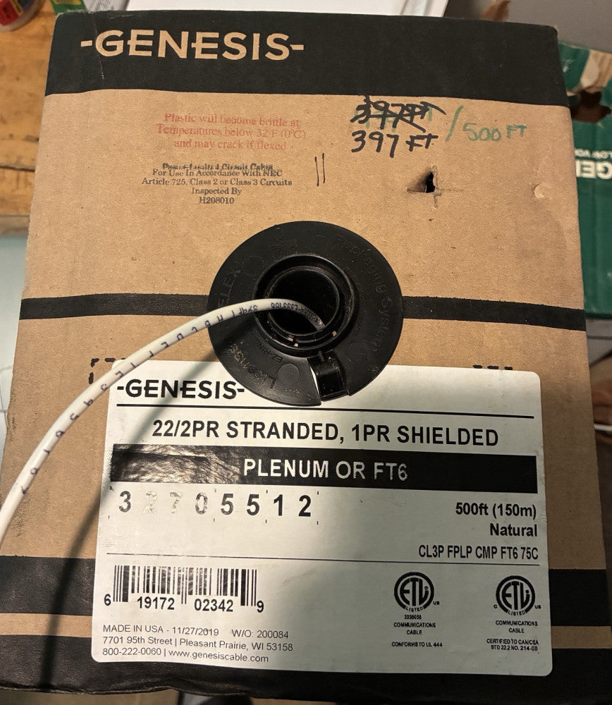 Genesis 22/2-Pair Stranded 1-Pair Shielded Cable, Plenum, 397ft - 500' Pull Box