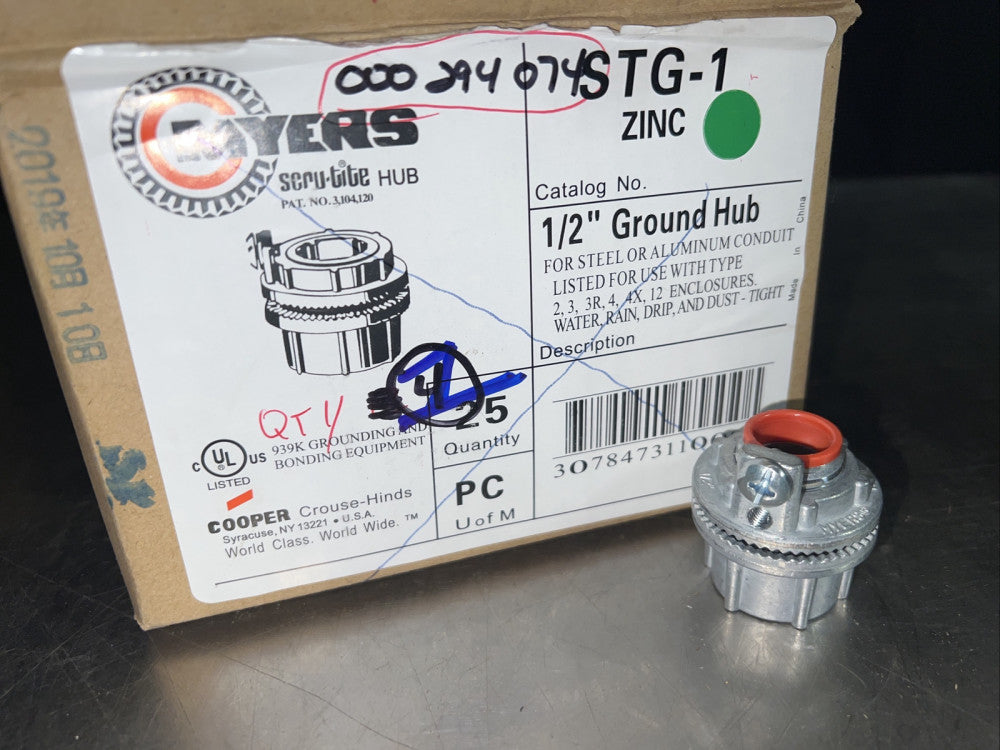 Myers Hub STG-1, Scru-Tite Grounding 1/2" NPT Grounding Hub Zinc, NOS 1 Piece