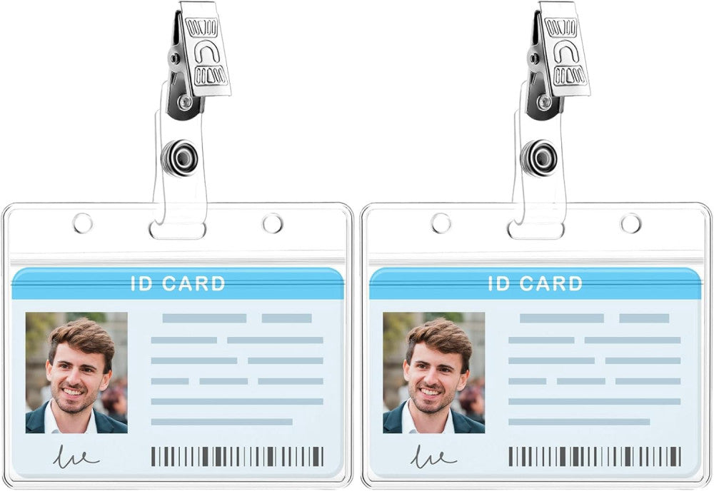 ID Badge Holder with Metal Clips, 2 Pack Soft Plastic Badge Card Sleeves Waterpr