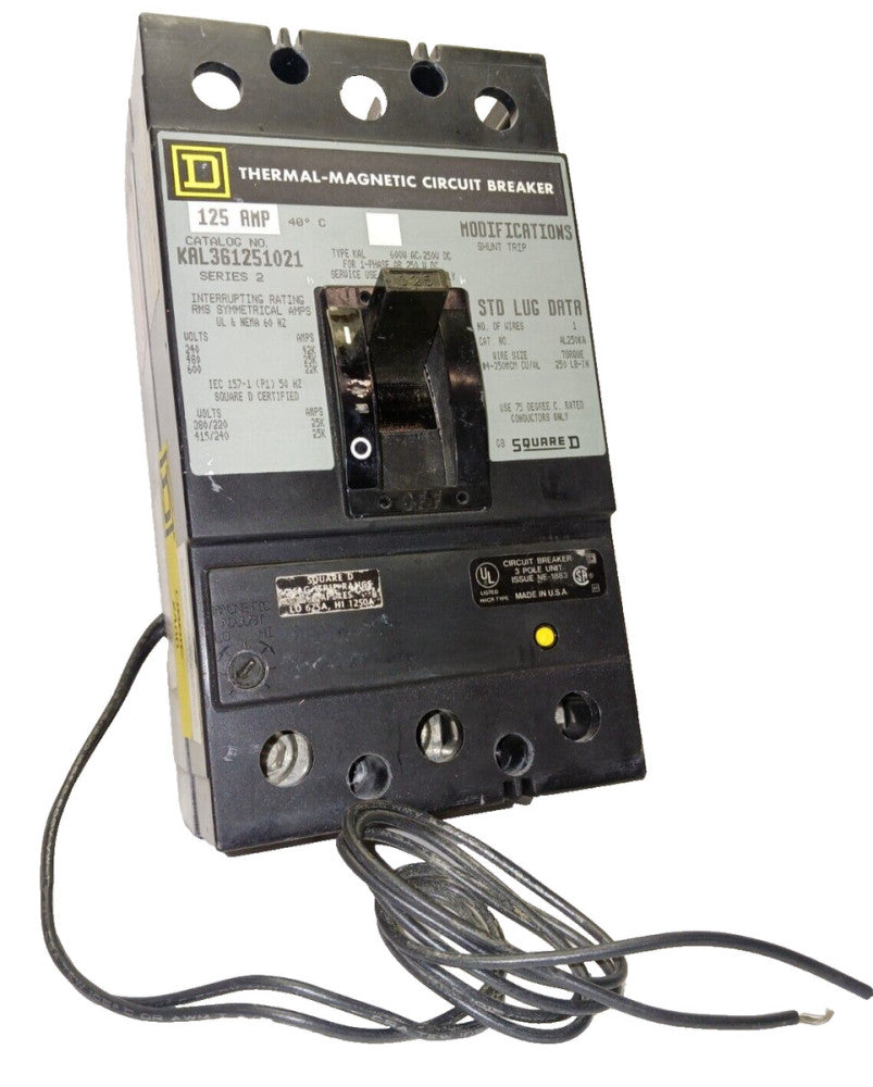 SQUARE D 125 AMP CIRCUIT BREAKER W/ SHUNT TRIP 3 POLE 600 VAC  KAL3612510 (FLAW)