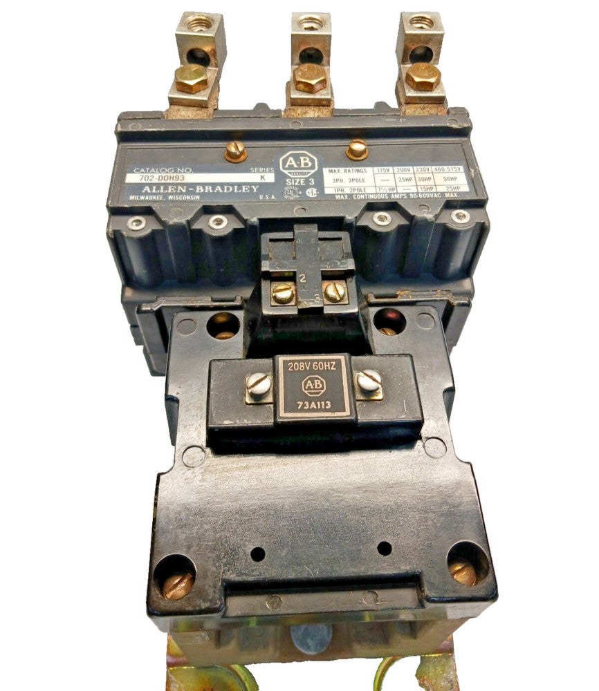 ALLEN BRADLEY NEMA SIZE 3 CONTACTOR 3 POLE 600 VAC 50 HP 208V COIL 702-DOH93 #1