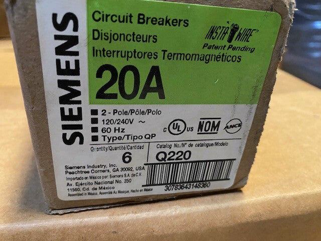 (6 PACK) SIEMENS Q220 CIRCUIT BREAKER -2POLE 20AMP 120/240V , 60Hz