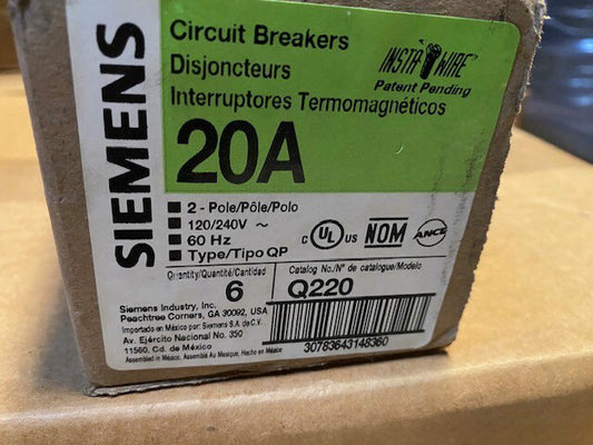 (6 PACK) SIEMENS Q220 CIRCUIT BREAKER -2POLE 20AMP 120/240V , 60Hz