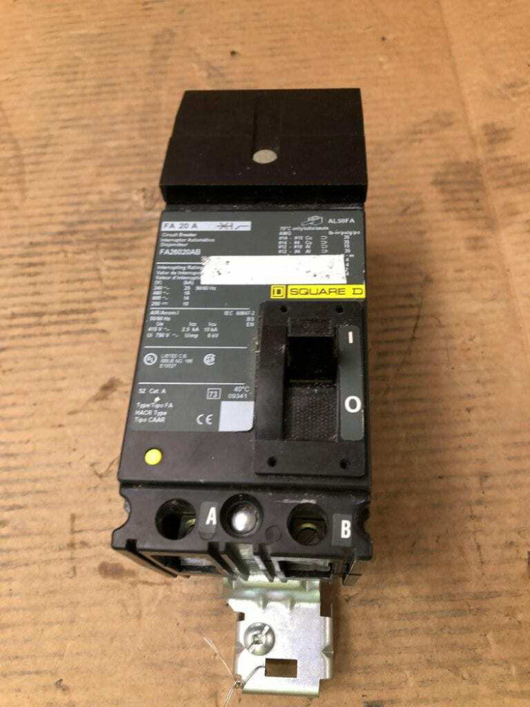 Square D FA26020AB 20A 2 Pole Molded Case Circuit Breaker 250VDC 240/480/600VAC