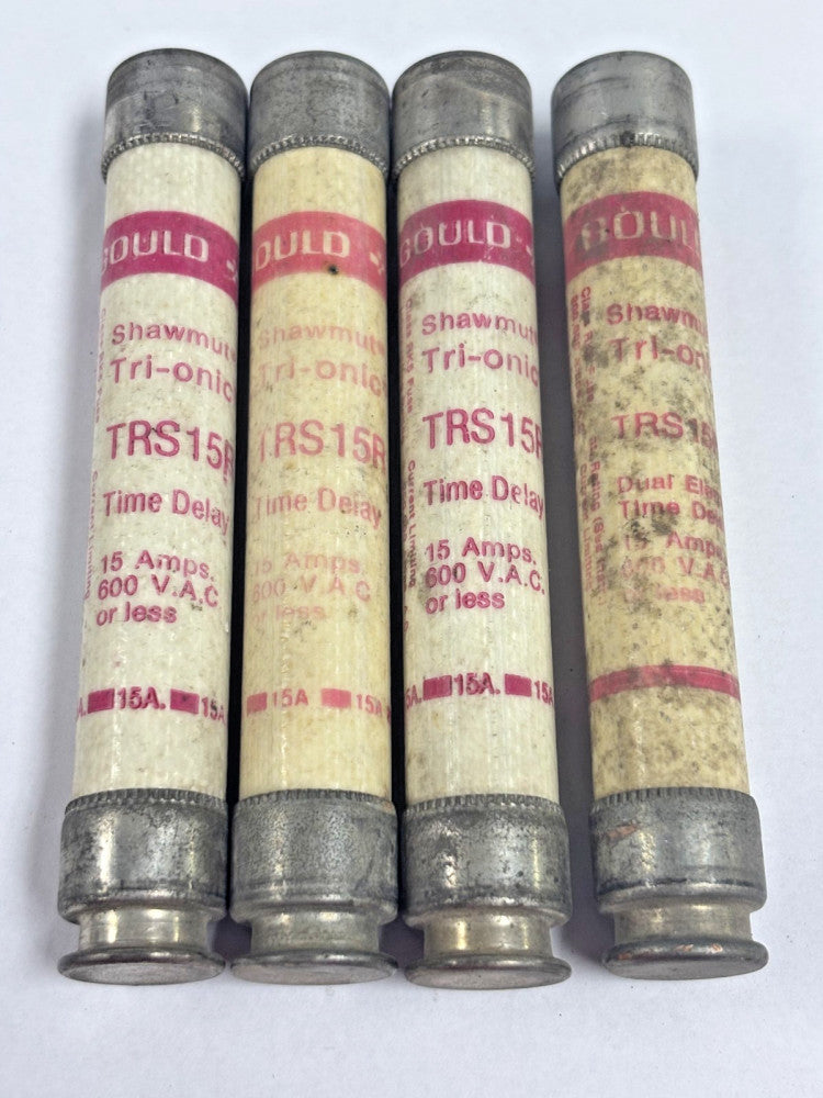 SHAWMUT TRS15R TIME DELAY FUSE CLASS RK5, 600 VAC, 300 VDC, 15 AMP, LOT OF 4